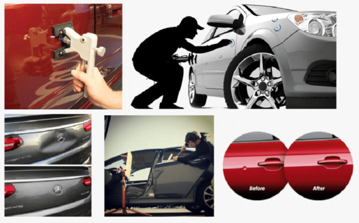 Kỹ thuật viên đang thực hiện làm đồng xe ô tô sau va chạm, giúp xe phục hồi dáng vẻ ban đầu