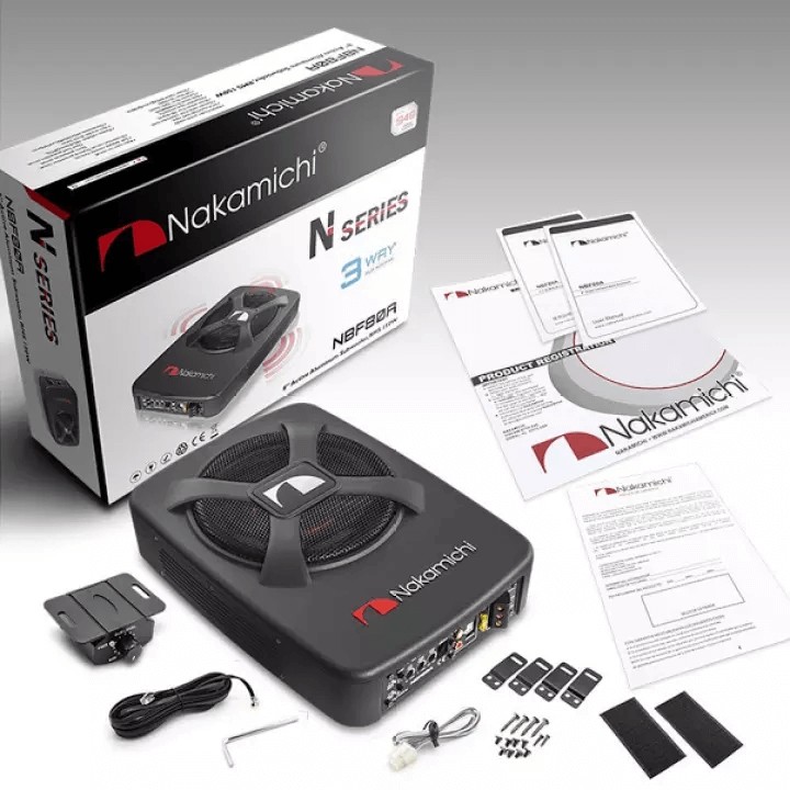 Loa sub gầm ghế Nakamichi NBF 80A lắp đặt gọn gàng dưới ghế xe ô tô, tăng cường **loa bass cho xe ô tô**