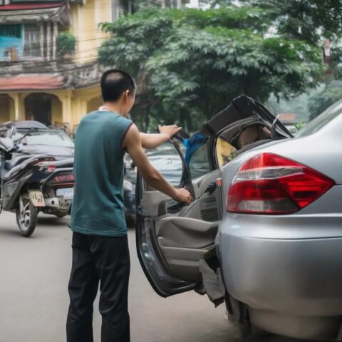 Hành động mở cửa xe ô tô thông qua hệ thống tiếng mở khóa xe ô tô điện tử.