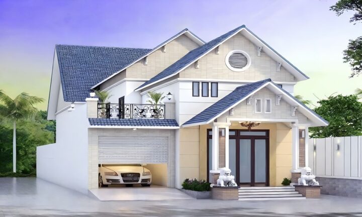 Mẫu thiết kế nhà có gara ô tô với mái thái ngói xanh tạo điểm nhấn ấn tượng cho ngôi nhà
