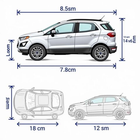 Biểu đồ chi tiết về các thông số kích thước của xe Ford Ecosport, bao gồm chiều dài, rộng, cao và chiều dài cơ sở, minh họa cho khả năng vận hành linh hoạt trong đô thị.