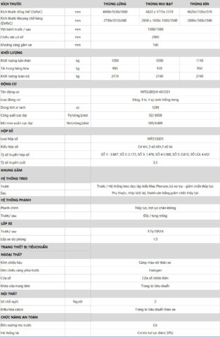 Thông số kỹ thuật chi tiết của xe ô tô tải nhỏ Tera 100S