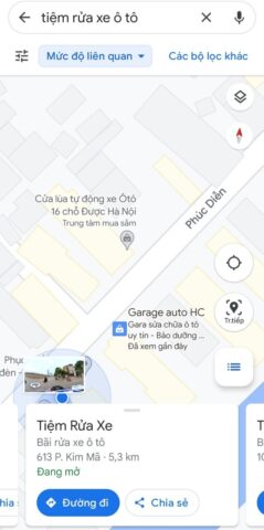 Hình ảnh minh họa cách tìm kiếm địa chỉ rửa xe ô tô trên ứng dụng bản đồ hoặc Google Maps