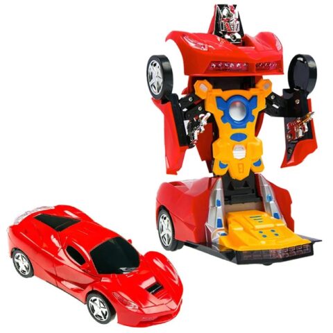 robot biến hình xe ô tô màu đỏ và vàng đang ở dạng robot