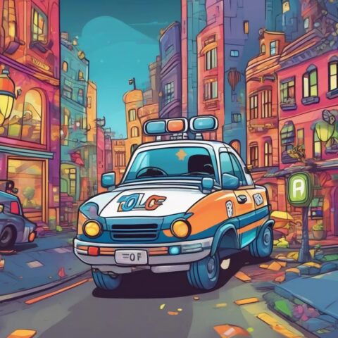 Mô hình hoạt hình xe ô tô cảnh sát màu xanh trắng có đèn còi