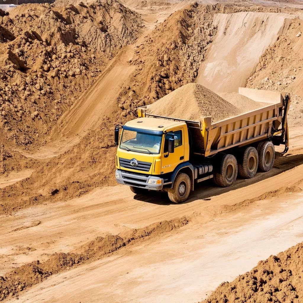 Xe ô tô chở cát đang hoạt động tại công trường xây dựng, chuẩn bị vận chuyển vật liệu