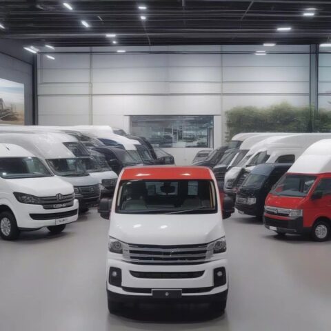 Showroom xe ô tô hiện đại, trưng bày nhiều mẫu xe tải và xe chuyên dụng, cung cấp thông tin về thủ tục hoàn thuế trước bạ xe ô tô
