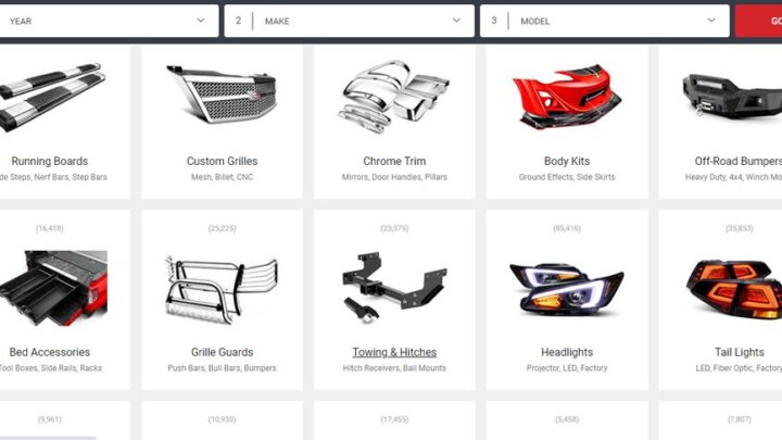 Giao diện website bán phụ tùng xe ô tô Mỹ trực tuyến, cho thấy sự đa dạng sản phẩm.