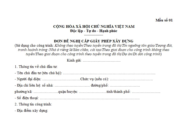 don de nghi cap giay phep sua chua cai tao cong trinh nha o rieng le