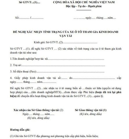 Giấy xác nhận xe ô tô mẫu đề nghị xác nhận tình trạng xe kinh doanh vận tải