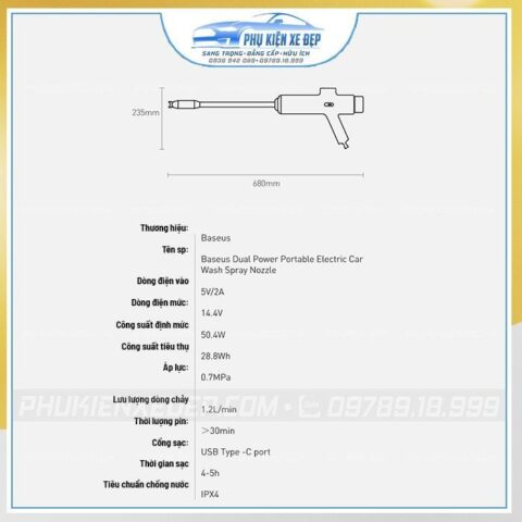 Vòi xịt rửa xe ô tô Baseus di động có pin sạc với đầy đủ phụ kiện