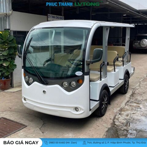 Xe ô tô điện 11 chỗ LVTONG LT-S8+3 màu trắng nổi bật, phù hợp cho du lịch và vận chuyển hành khách.